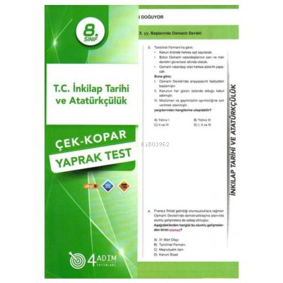  4 Adım 8 Sınıf TC İnk Tar Ve Atatürkçülük Yaprak Test | Komisyon | Doğru Orantı Yayınları(Hazırlık) | 9786052570869 | 