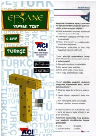 Açı Yayınları 6.Sınıf Türkçe Çek Kopar Yaprak Test