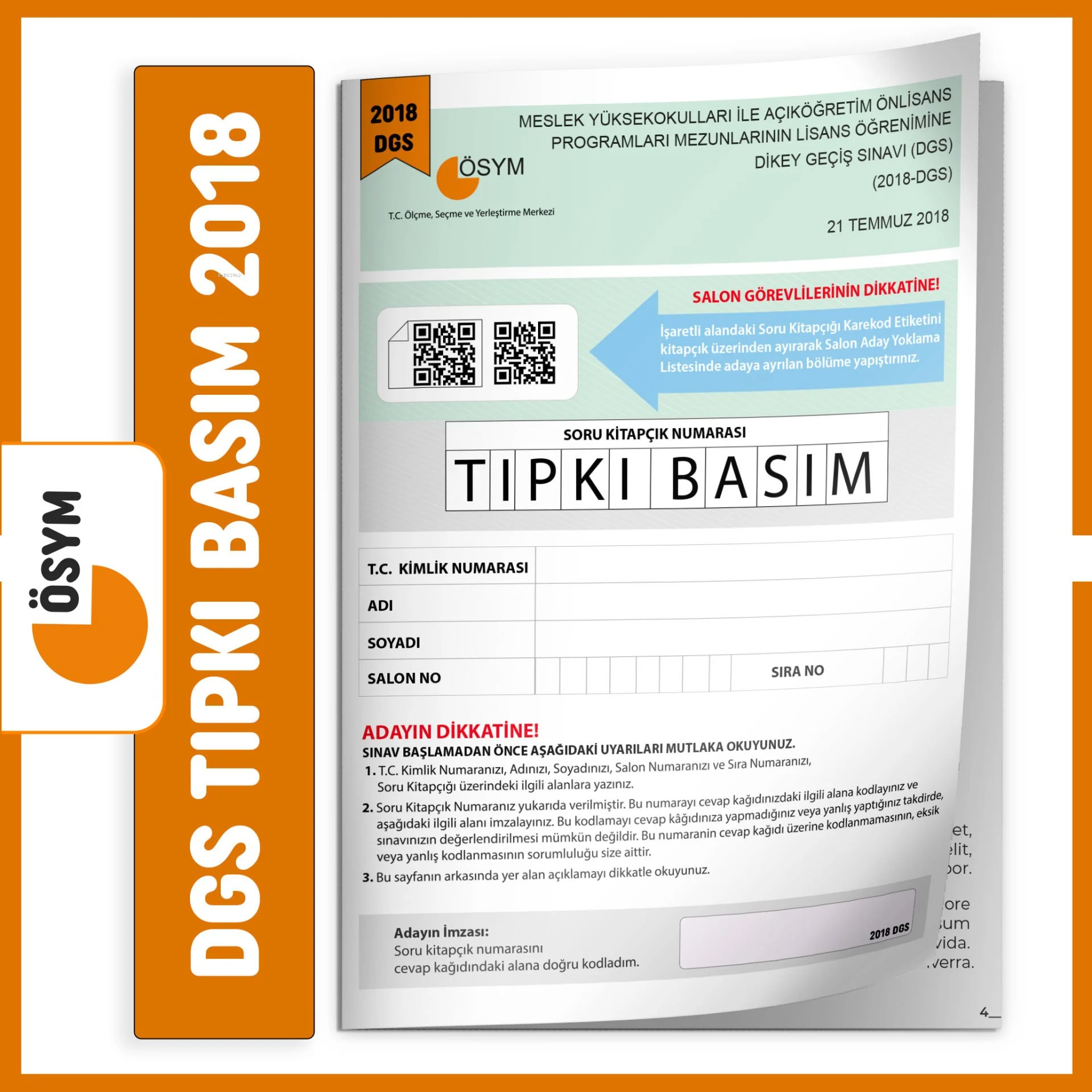 DGS 2018 ÖSYM Çıkmış Soru Tıpkı Basım Türkiye Geneli Dijital Çözümlü Deneme Sınavı Kitapçığı