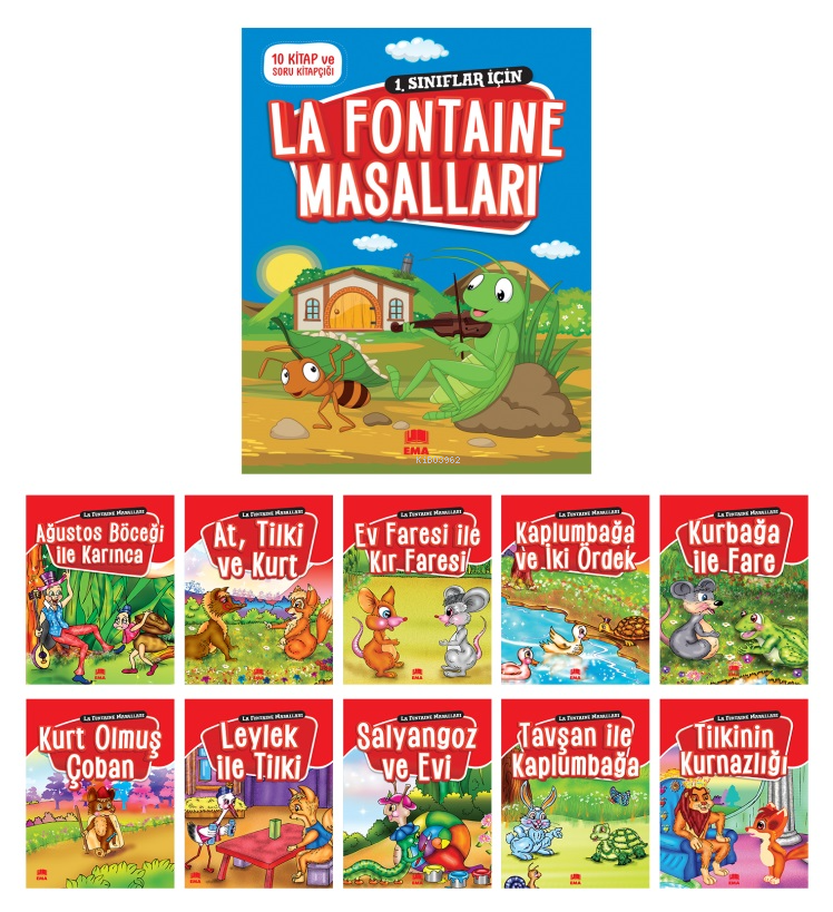 La Fontaine Masalları(10 Kitap+Soru Kitapçığı); 1. ve 2. Sınıflar İçin Eğik El Yazılı