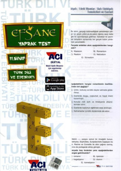 11. Sınıf Türk Dili ve Edebiyatı Efsane Çek Kopart Yaprak Test Açı Yayınları