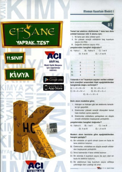 11. Sınıf Kimya Efsane Çek Kopart Yaprak Test Açı Yayınları