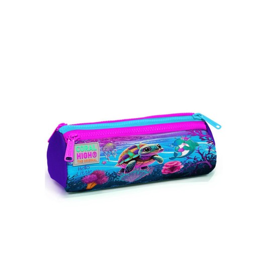 Coral High Kids Pembe Mor Kaplumbağa Desenli Üç Bölmeli Kalem Çantası 22056